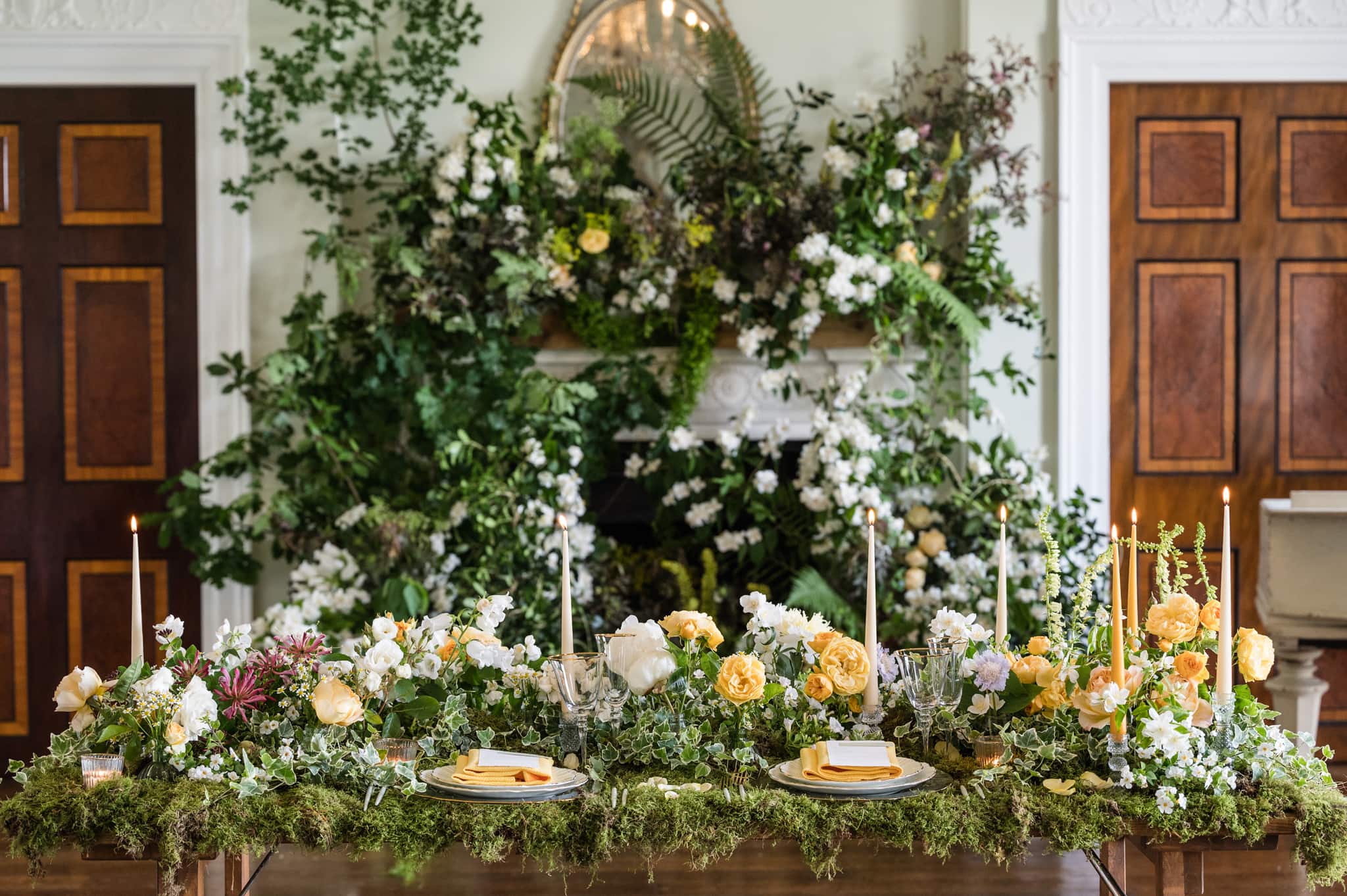 Moss-covered wedding breakfast table