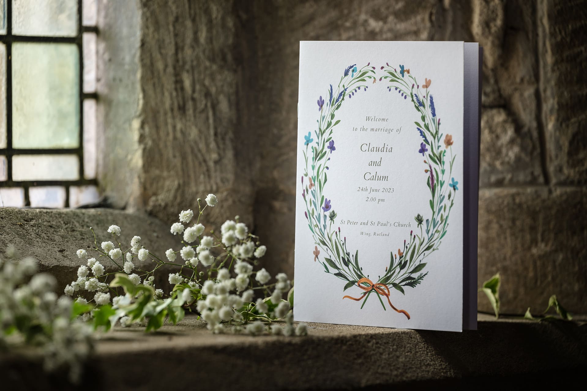 A wedding order of service on a window ledge at Wing church in Rutland