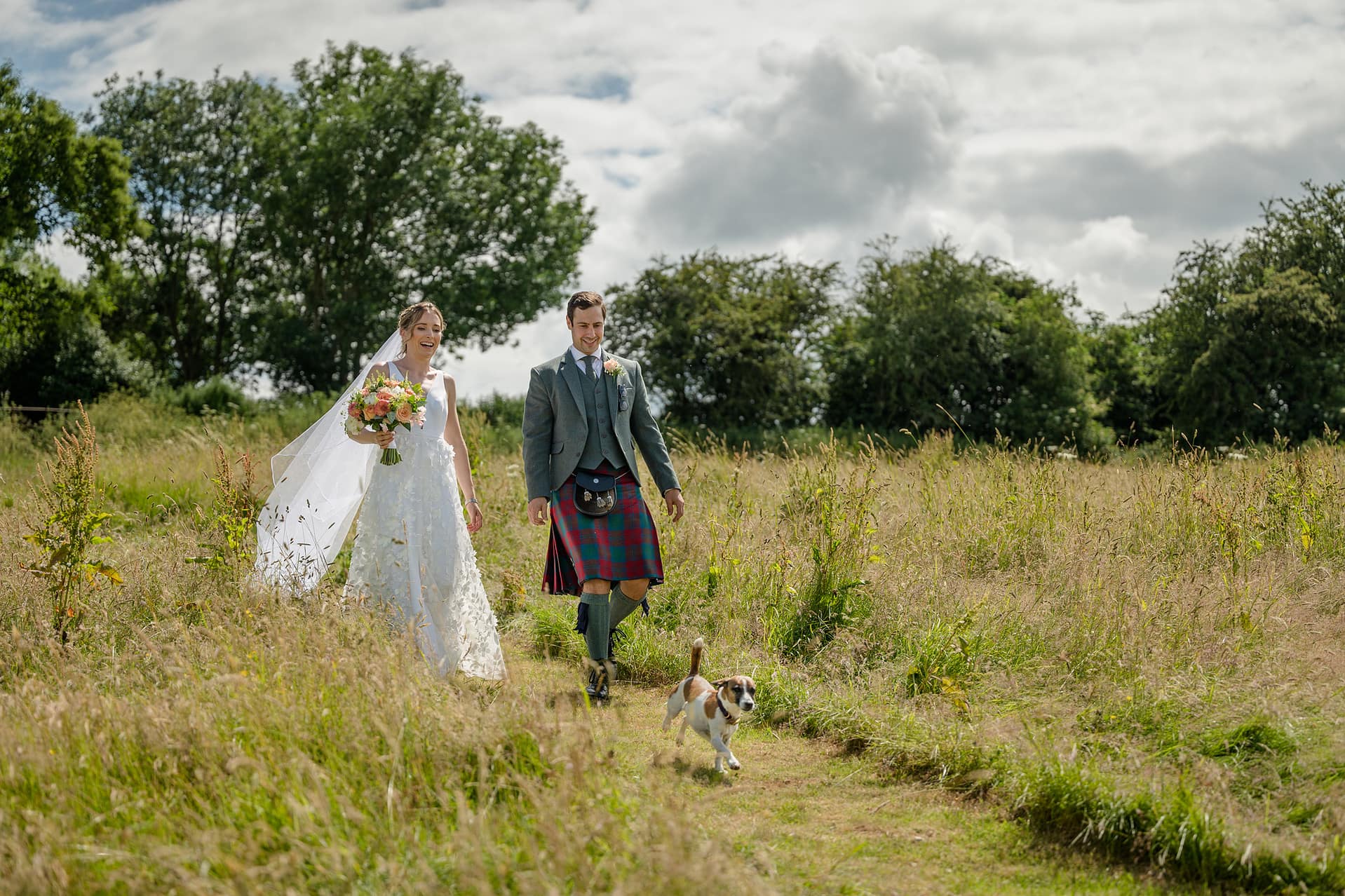 Bride and groom walking through a field of long grass with their Jack Russell dog