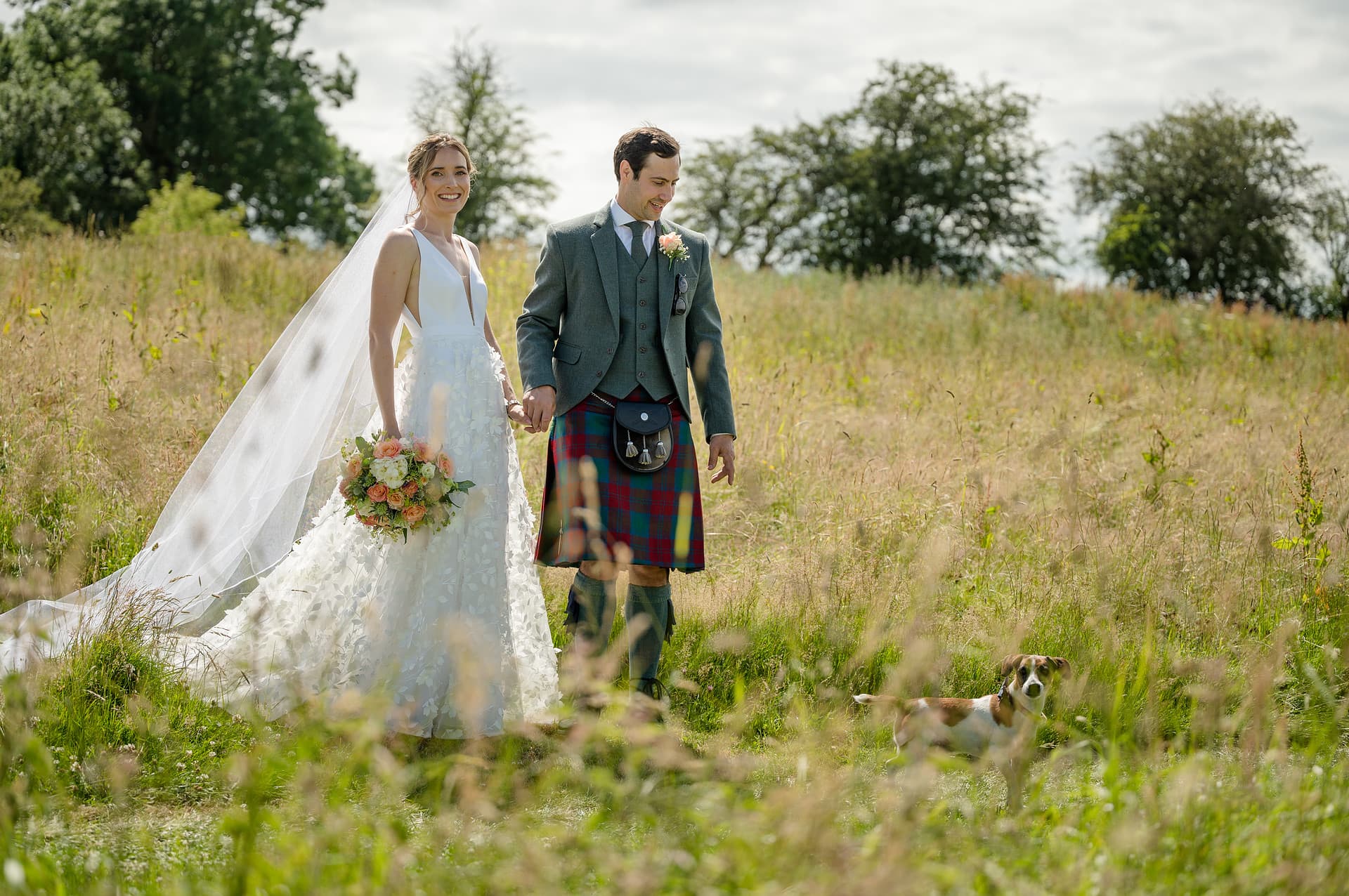 Bride and groom walking through a field of long grass with their Jack Russell dog